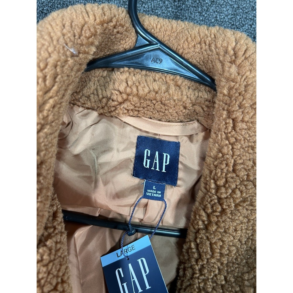 New Gap Jacket Women's Large Brown Teddy Sherpa Faux Fur Button Pockets $128 - Picture 3 of 8